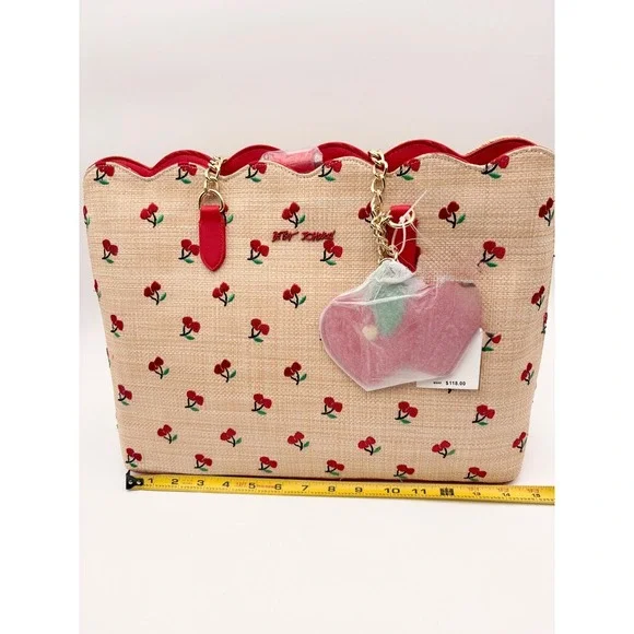 Betsey Johnson Cherry Print Straw Tote Bag Red Scalloped Top Chain Straps Charm - Picture 10 of 10